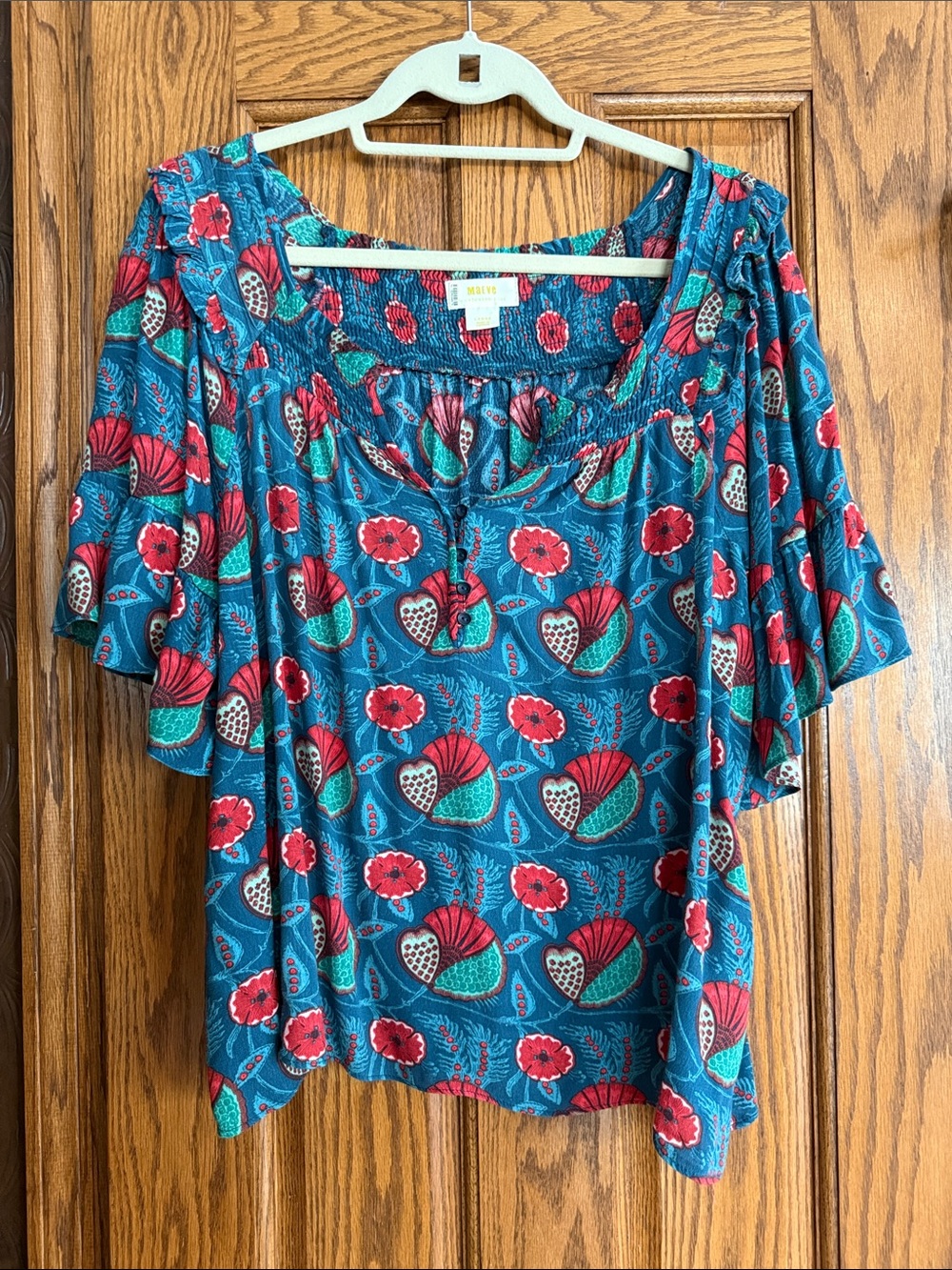 Anthropologie Teal Floral Peasant Top with Red Accents